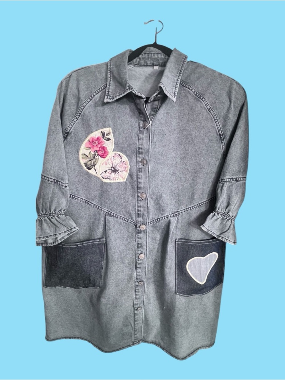 Upcycled Denim Shirt Dress NWT Floral Appliqué Heart Pocket Size Large